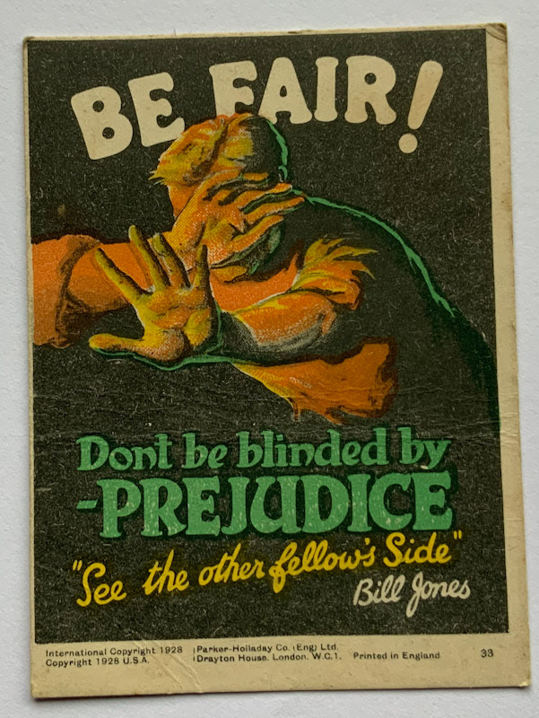 1928 Propaganda card by Parker Halladay USA Be fair. Dont be blinded by prejudice